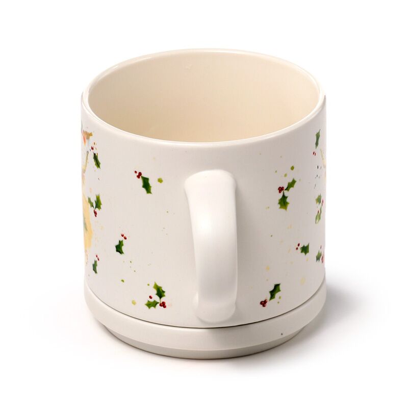Porcelain mug with coaster lid featuring holly sprigs, Christmas Highland Coo design.