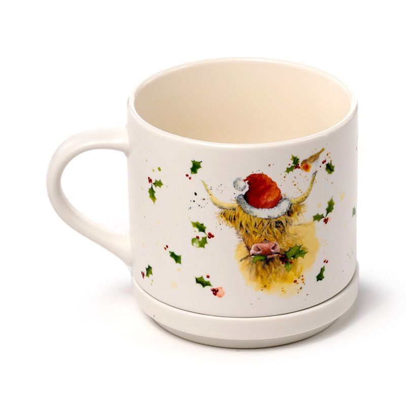 Porcelain mug and coaster lid set featuring a Christmas Highland Coo with Santa hat and holly.