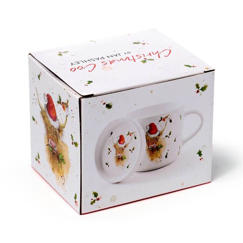 Porcelain Mug & Coaster Lid Set featuring Christmas Highland Coo design in festive packaging.