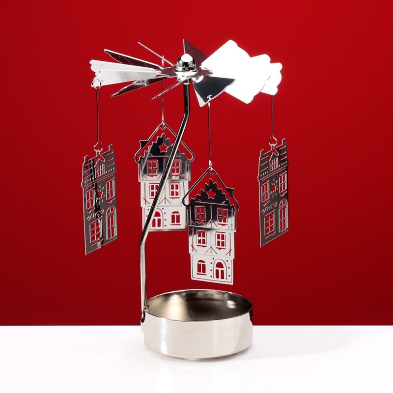 Spinning tea light carousel candle holder with hanging Baker Street houses for Christmas décor