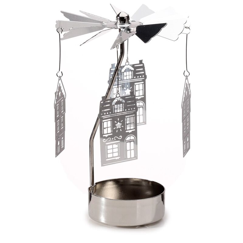 Spinning tea light carousel candle holder with hanging Victorian Baker Street houses for Christmas decor.