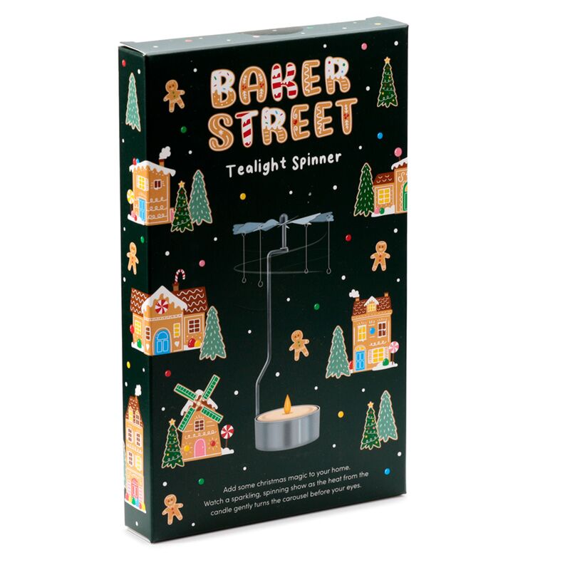 Boxed Christmas Baker Street spinning tea light carousel with candle holder and festive houses design.
