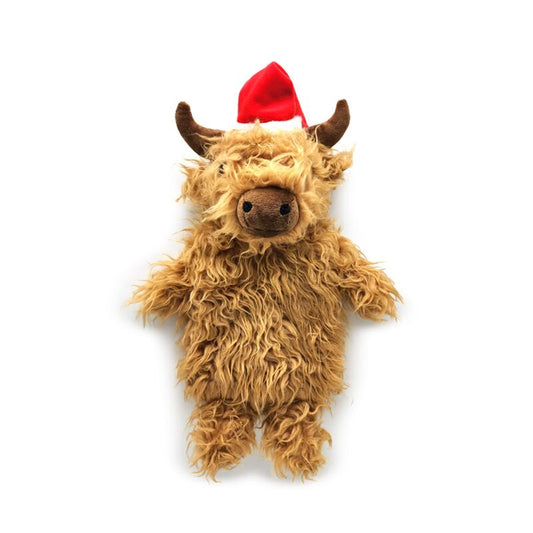 Highland Coo plush with Santa hat, festive 1L hot water bottle cover