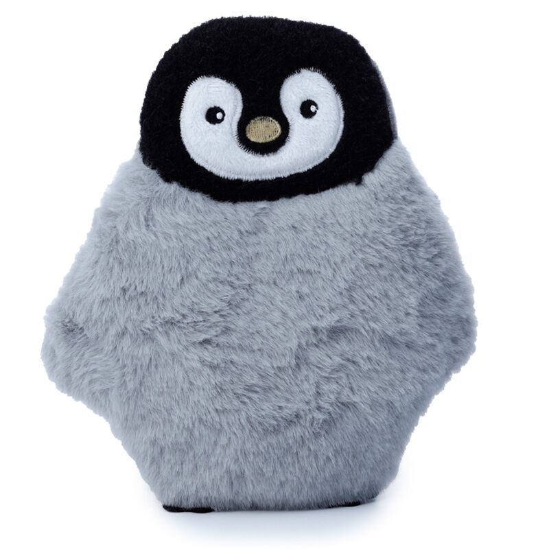 Penguin-shaped microwavable plush lavender heat pack; grey body, black head, white face.