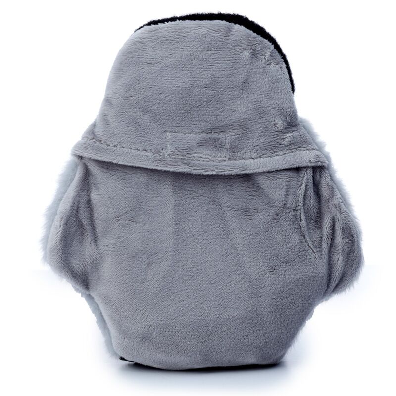 Back view of a grey plush penguin-shaped lavender heat pack, microwavable and soft.