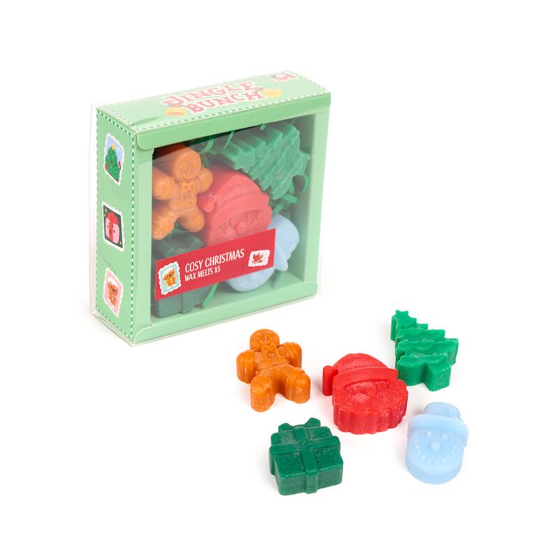 Cosy Christmas Jingle Bunch handmade wax melts set of five in a green box with festive shapes.
