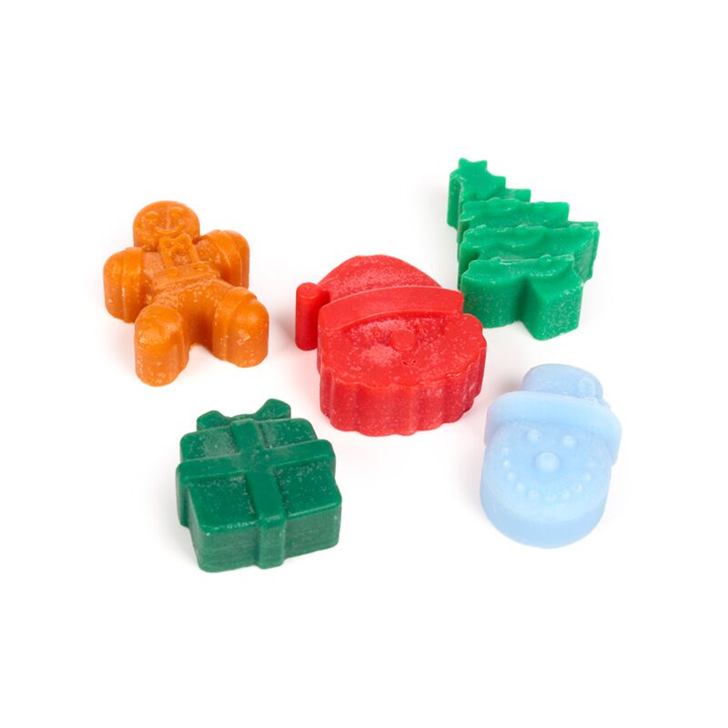 Handmade wax melts: Cosy Christmas Jingle Bunch – orange figure, red wreath, green gifts, green trees, blue snowman.