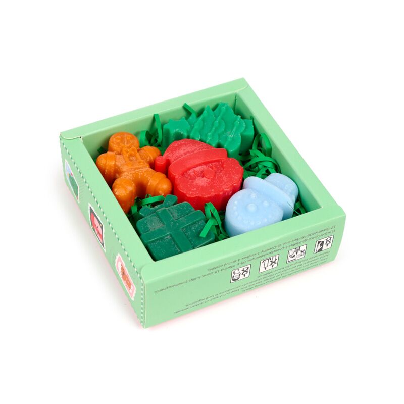Five handmade wax melts from Cosy Christmas Jingle Bunch in a mint-green gift box with festive shapes.