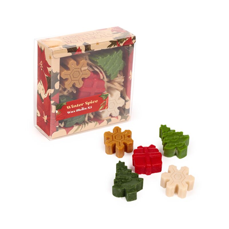 Handmade wax melt set of five in Winter Spice Christmas Botanicals; snowflake and tree shapes in red, green and beige.