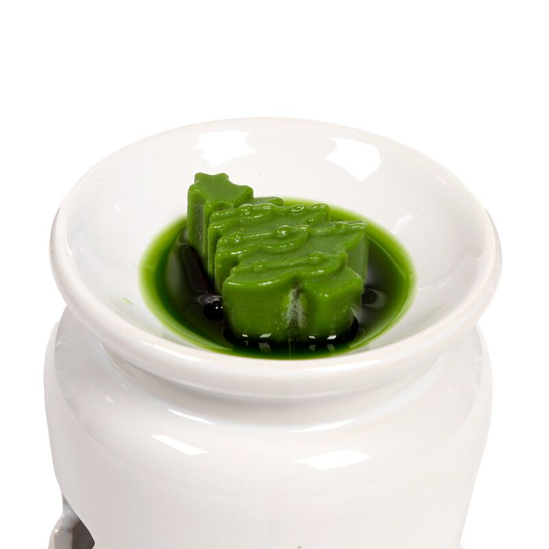 Green wax melt cube on white ceramic warmer dish, from Handmade Wax Melt Set of 5: Winter Spice Christmas Botanicals.