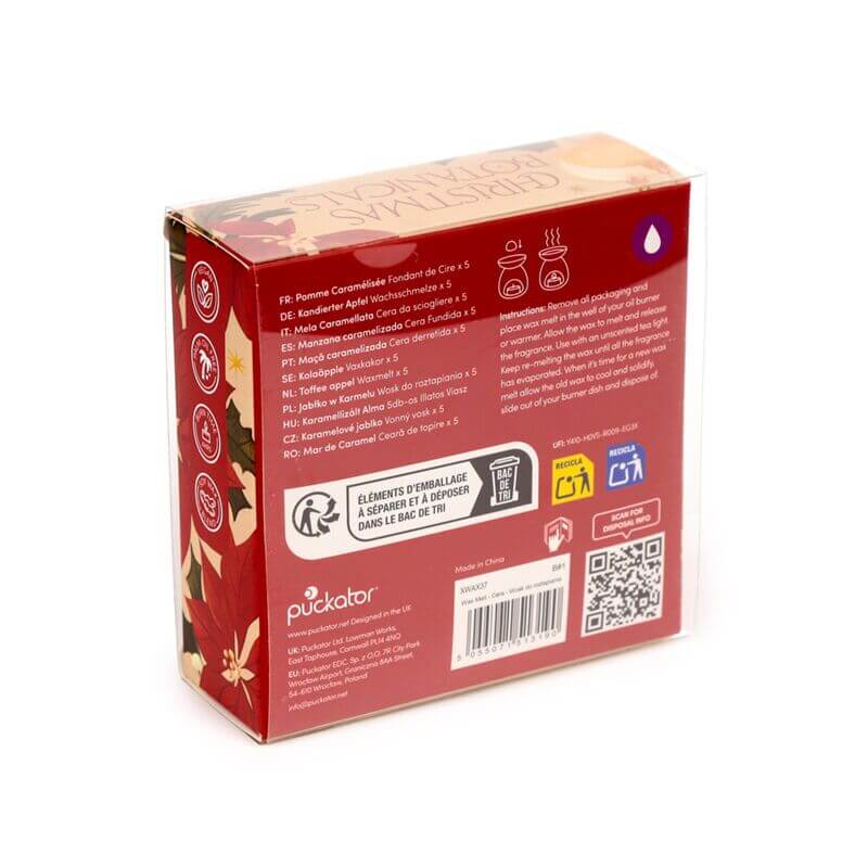 Back of red packaging box for Handmade Wax Melt Set of 5 - Winter Spice Christmas Botanicals.