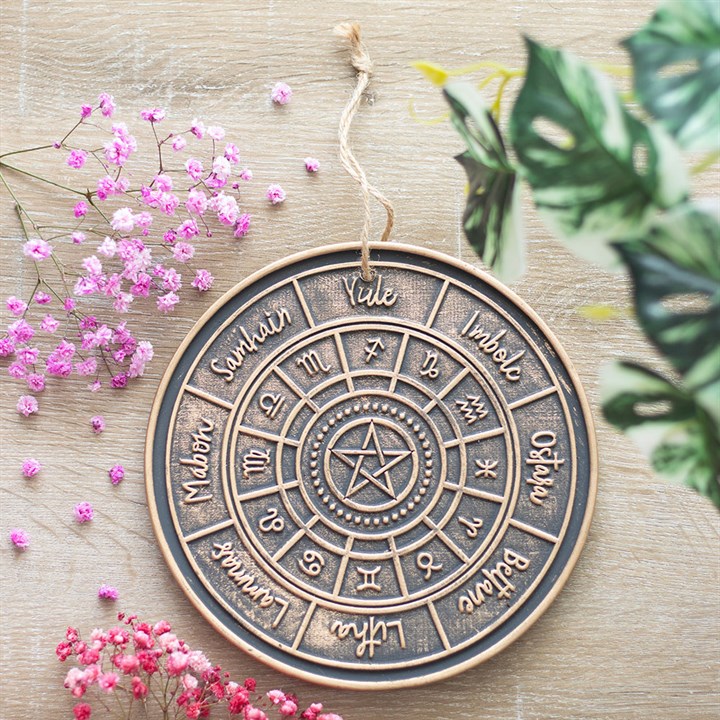 Bronze Wheel of the Year Hanging Terracotta Plaque, featuring an engraved design, perfect for spiritual decor.