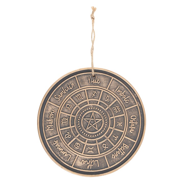 Bronze Wheel of the Year Hanging Terracotta Plaque featuring an intricate engraved design, perfect for spiritual decoration.