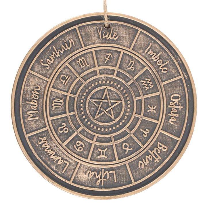 Bronze Wheel of the Year Hanging Terracotta Plaque featuring engravings of seasonal sabbats, perfect for spiritual decor.