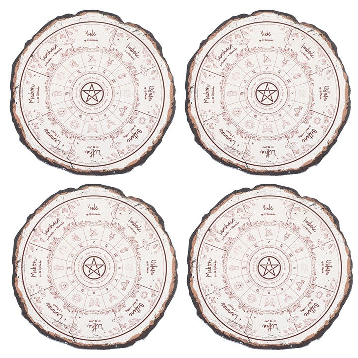 Wheel of the Year Coaster Set featuring rustic wood slice designs, perfect for spiritual homes and seasonal decor.