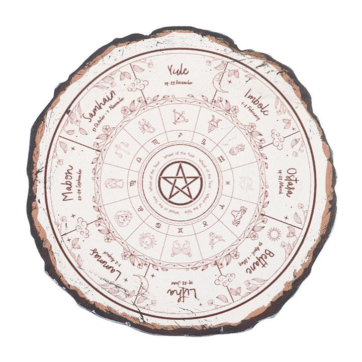 Rustic Wheel of the Year Coaster Set featuring seasonal designs, perfect for spiritual homes and altars.