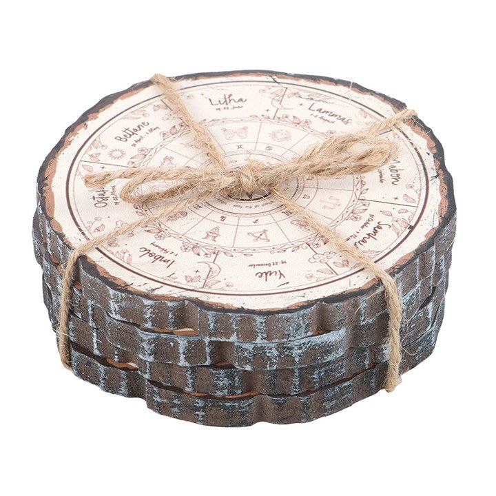 Wheel of the Year Coaster Set featuring rustic wood slice design, perfect for spiritual homes and altars.