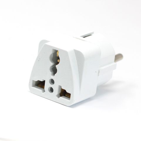 UK to EU Plug Adaptor for charging devices from 2 pin EU sockets, compliant with UK standards for 10/16A, 250V.