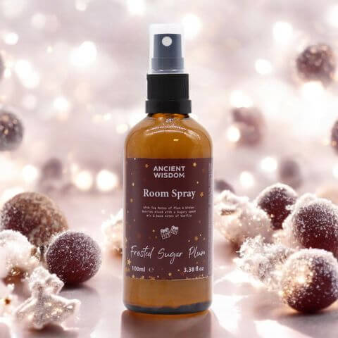 Frosted Sugar Plum Room Spray 100ml by Ancient Wisdom, filling your space with a sweet, festive aroma of plums and berries.