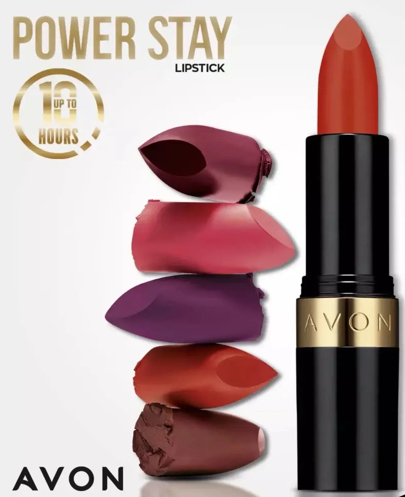 Avon Power Stay Lipsticks - Choose Shade - Sealed with different shades displayed and a lipstick tube in view.