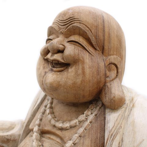 Handcrafted Happy Buddha - Whitewash 50cm sculpture, bringing natural elegance to your home decor.