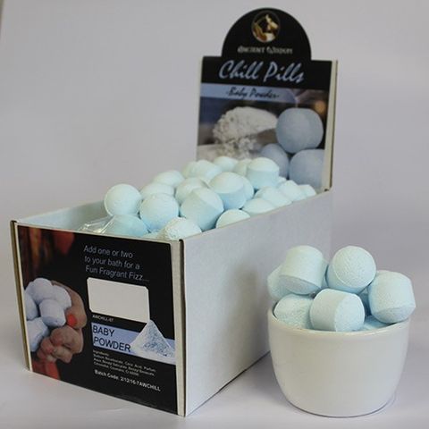 Chill Pill Co 1.3Kg Box of Chill Pills (Mini Bath Bombs) - Baby Powder for a soothing bath experience.