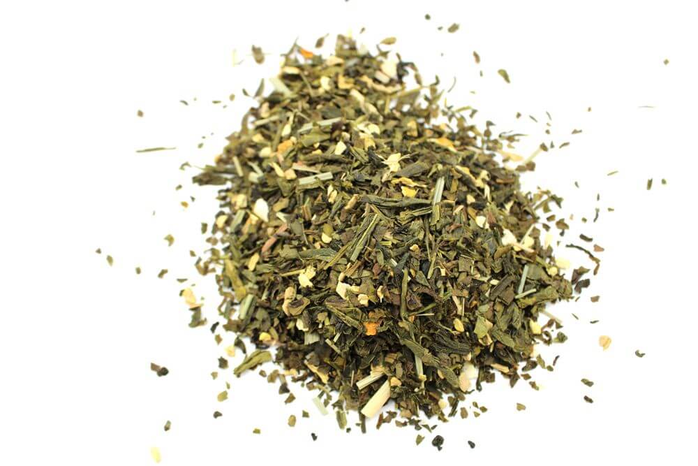 Eco Classic Green Tea with Lemon and Ginger 1Kg loose leaf blend on a white background.