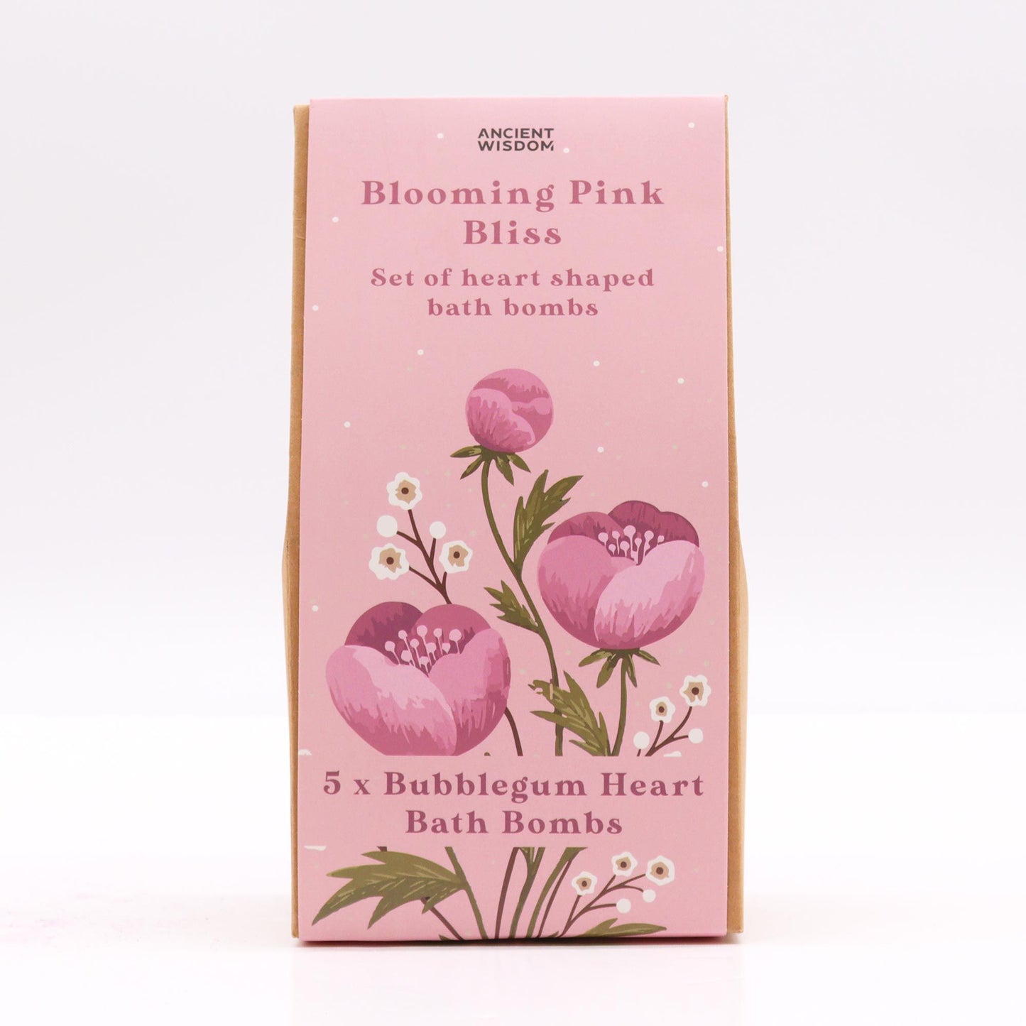 Ancient Wisdom Blooming Pink Bliss Bath Heart Gift Set - pink box of 5 bubblegum heart bath bombs with floral design