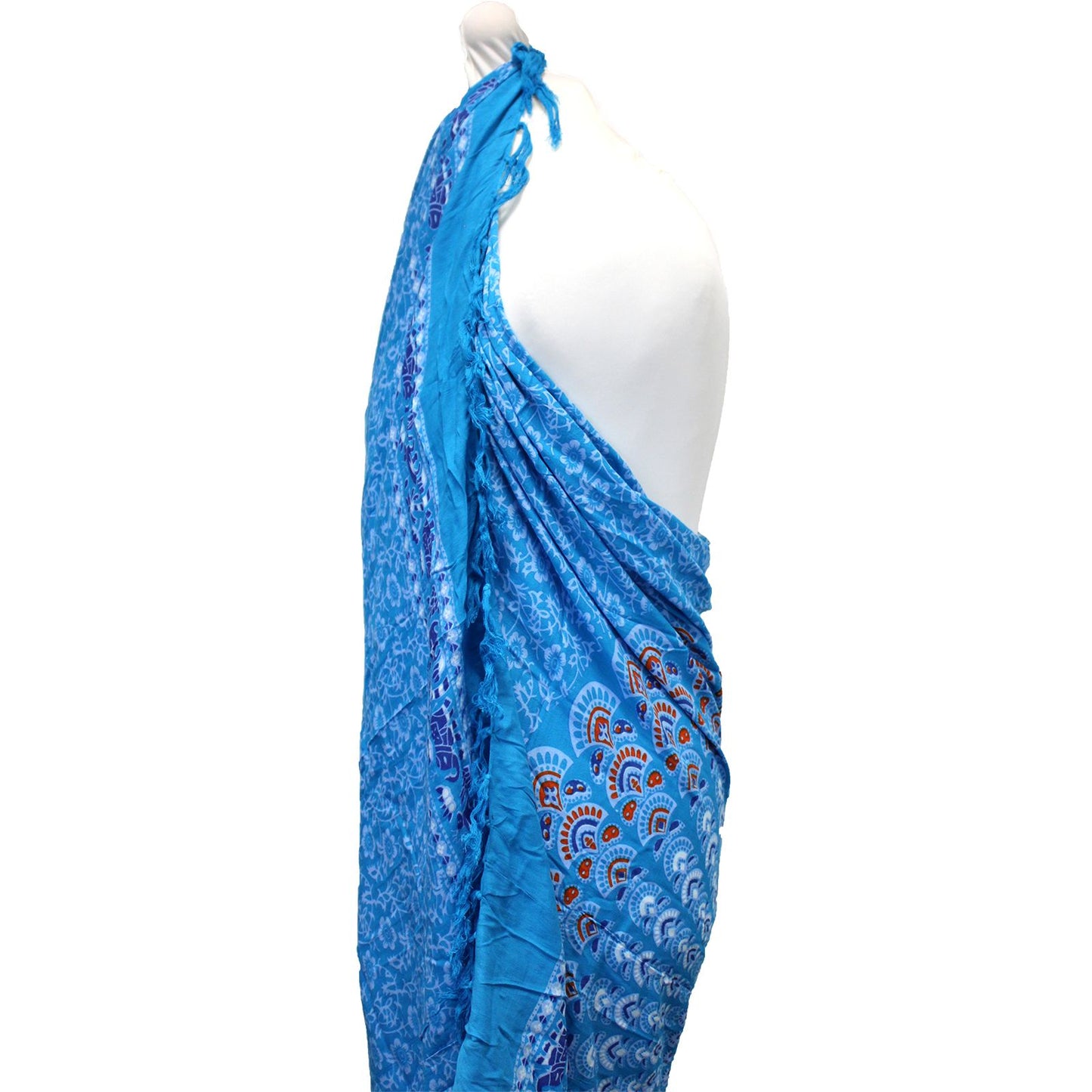 Teal Orange Mandala Sarongs showcasing a vibrant blue base with intricate peacock feather designs in teal and orange.