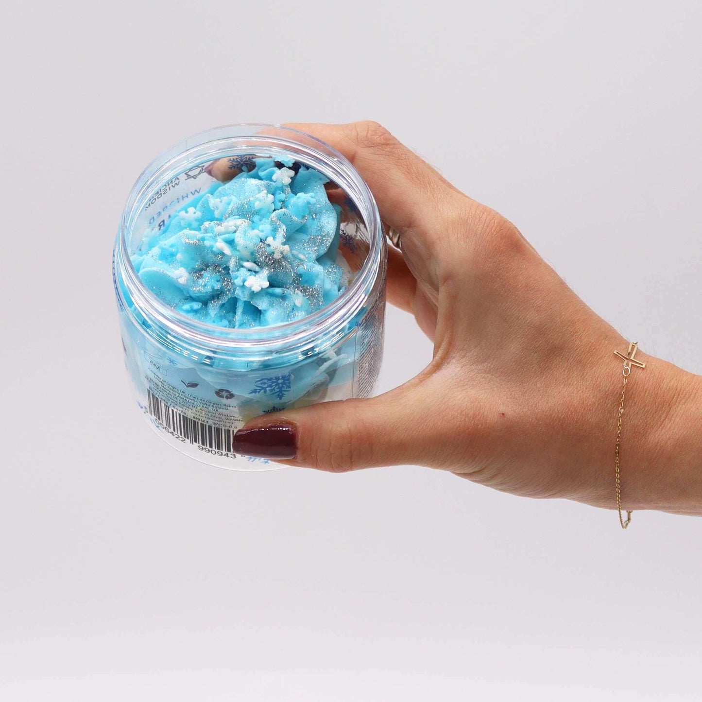 White Christmas Whipped Soap 120g, icy blue whipped soap in a clear jar with snowflake decor.