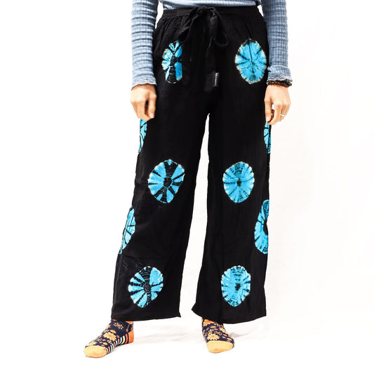 Large black Japanese-style lounge pants with blue tie-dye circles, linen-rayon blend.