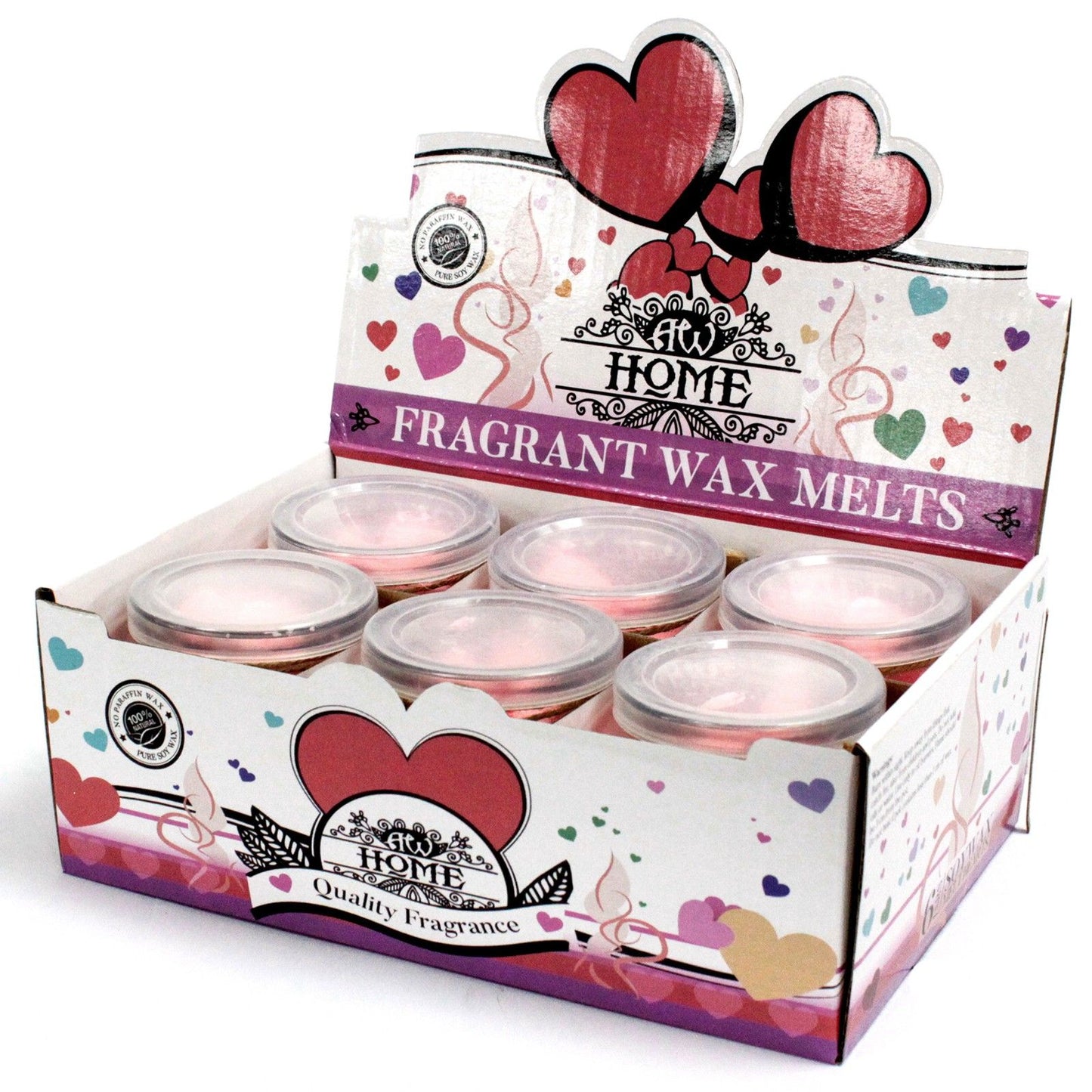 Japanese Magnolia soy wax melts in glass jars, 250g, displayed in a heart-themed display box.