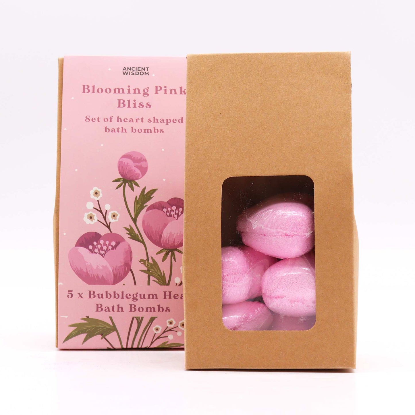 Ancient Wisdom Blooming Pink Bliss Bath Heart Gift Set — kraft window with pink heart-shaped bubblegum bath bombs