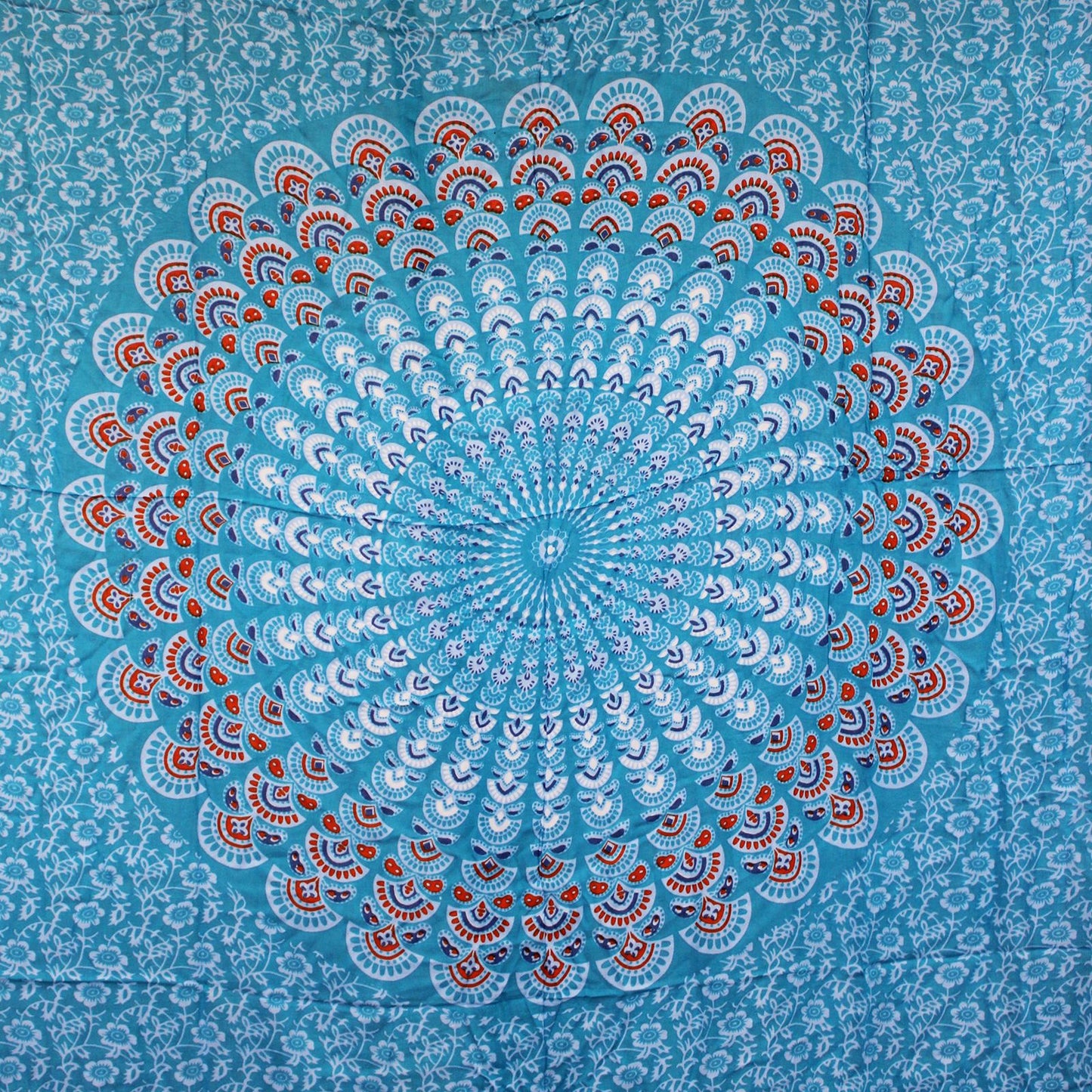 Vibrant Teal Orange Mandala Sarongs featuring intricate peacock feather designs, perfect for beachwear or cover-ups.