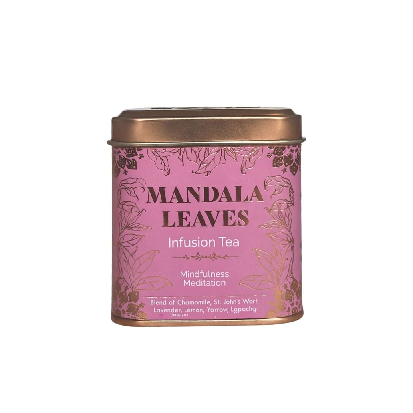 50g Mindfulness Meditation Tea Blend in a pink tin with gold detailing featuring chamomile and lavender ingredients.