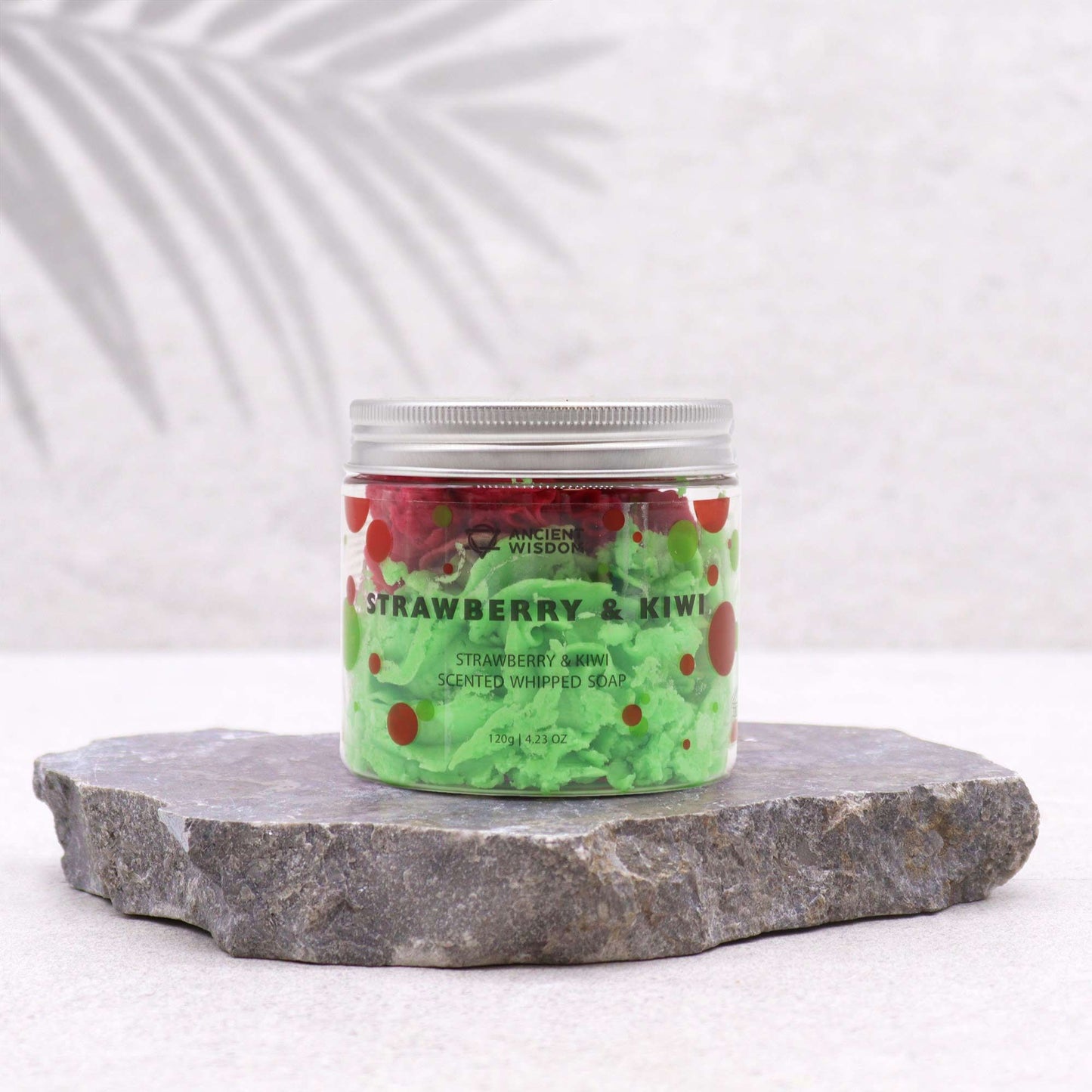 Strawberry & Kiwi whipped soap 120g by Ancient Wisdom, vibrant green cloud soap in jar.