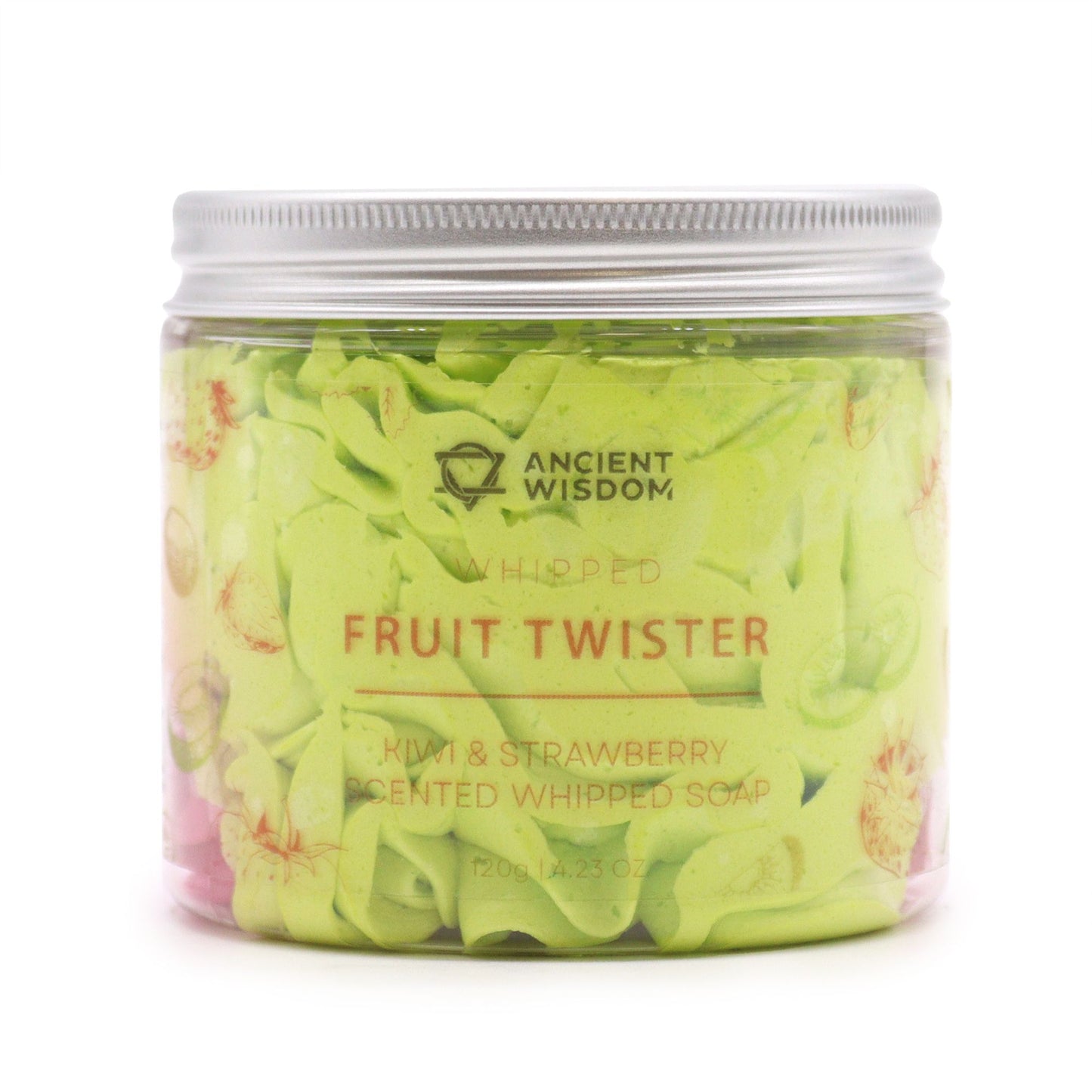 Ancient Wisdom Strawberry & Kiwi whipped soap 120g, Fruit Twister in a lime-green jar