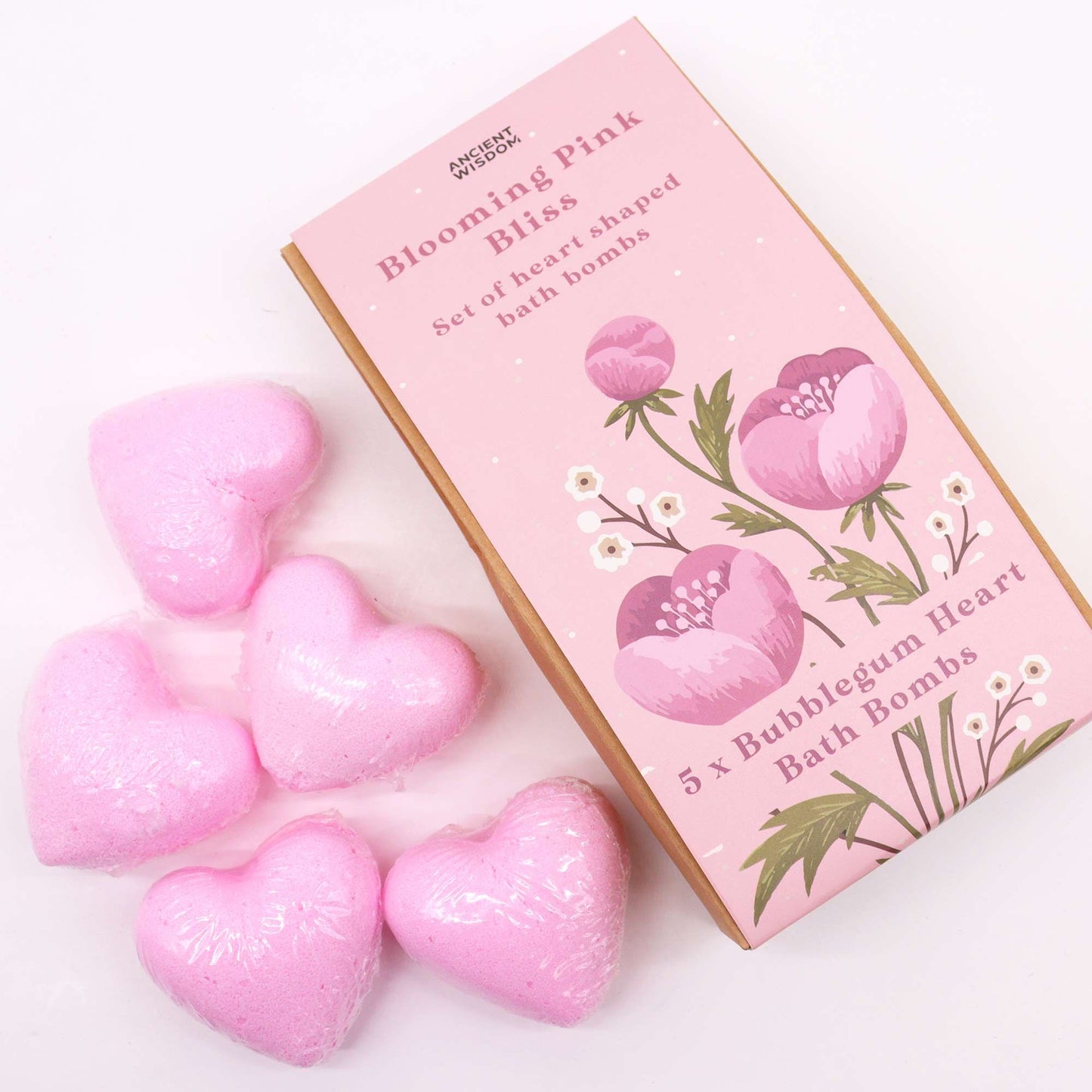 Blooming Pink Bliss Bath Heart Gift Set by Ancient Wisdom, pink heart-shaped bubblegum bath bombs in floral box