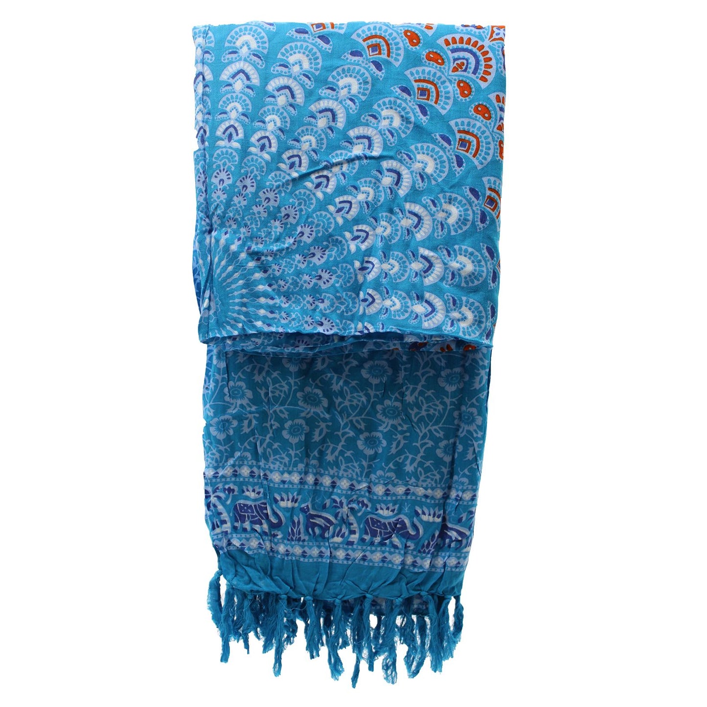 Vibrant Teal Orange Mandala Sarongs with intricate peacock feather design, perfect for summer styling.