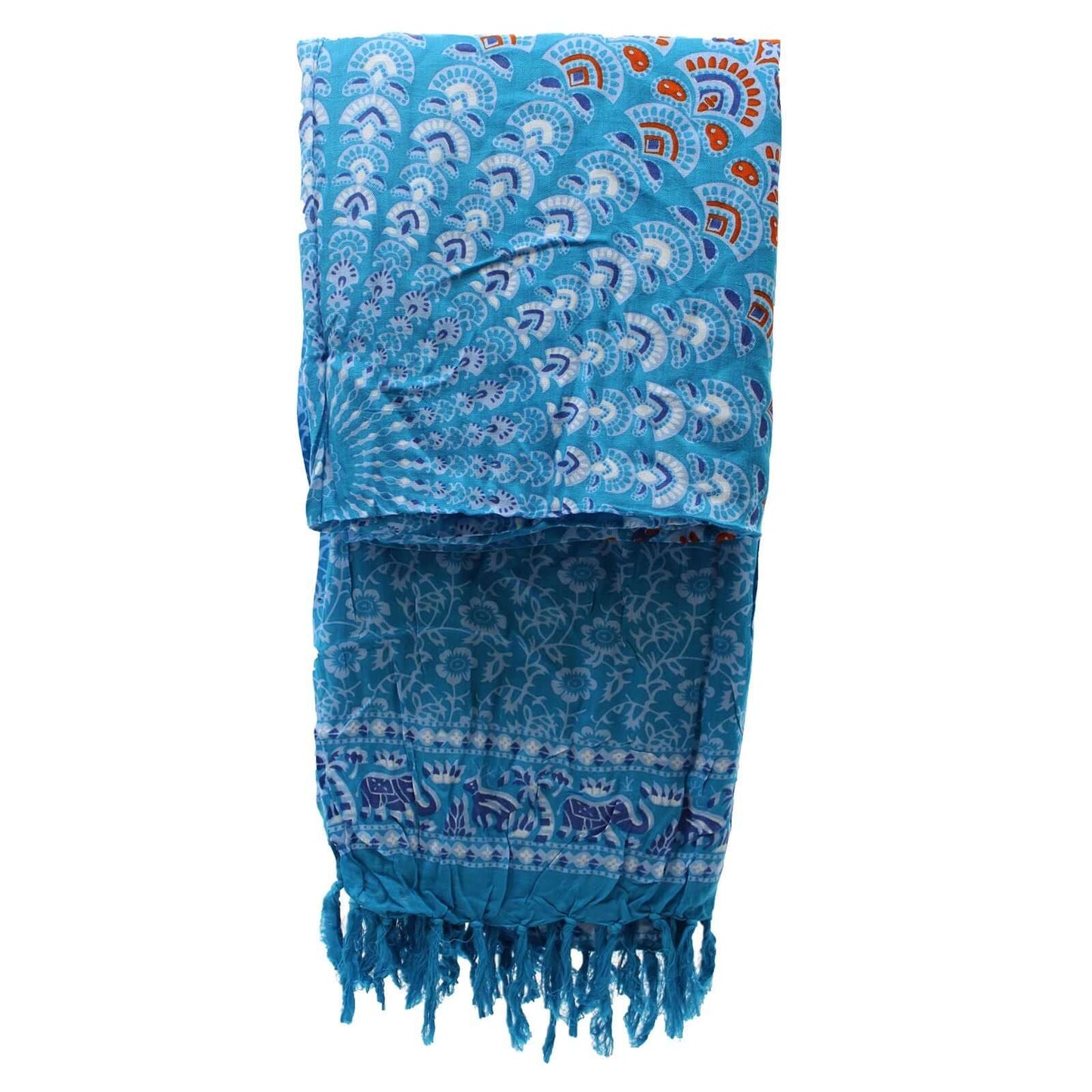 Vibrant Teal Orange Mandala Sarongs with intricate peacock feather design, perfect for summer styling.