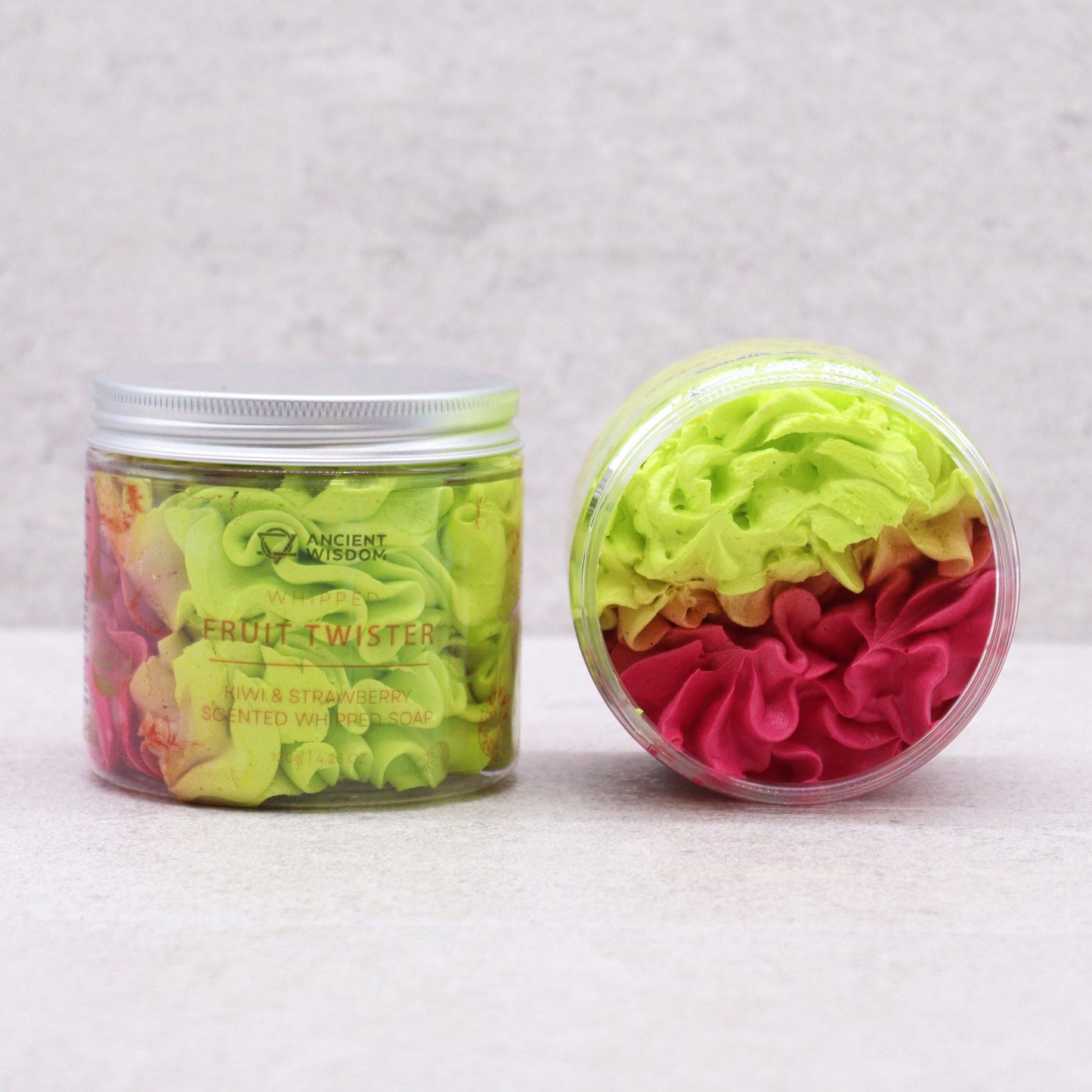 Ancient Wisdom Strawberry & Kiwi Whipped Soap 120g jar; Fruit Twister with green and pink swirls.