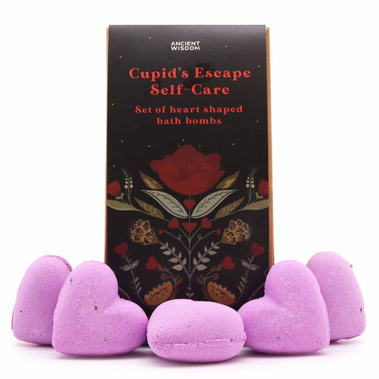Cupids Escape Self Care Bath Heart Gift Set by Ancient Wisdom – five purple heart-shaped lavender bath bombs