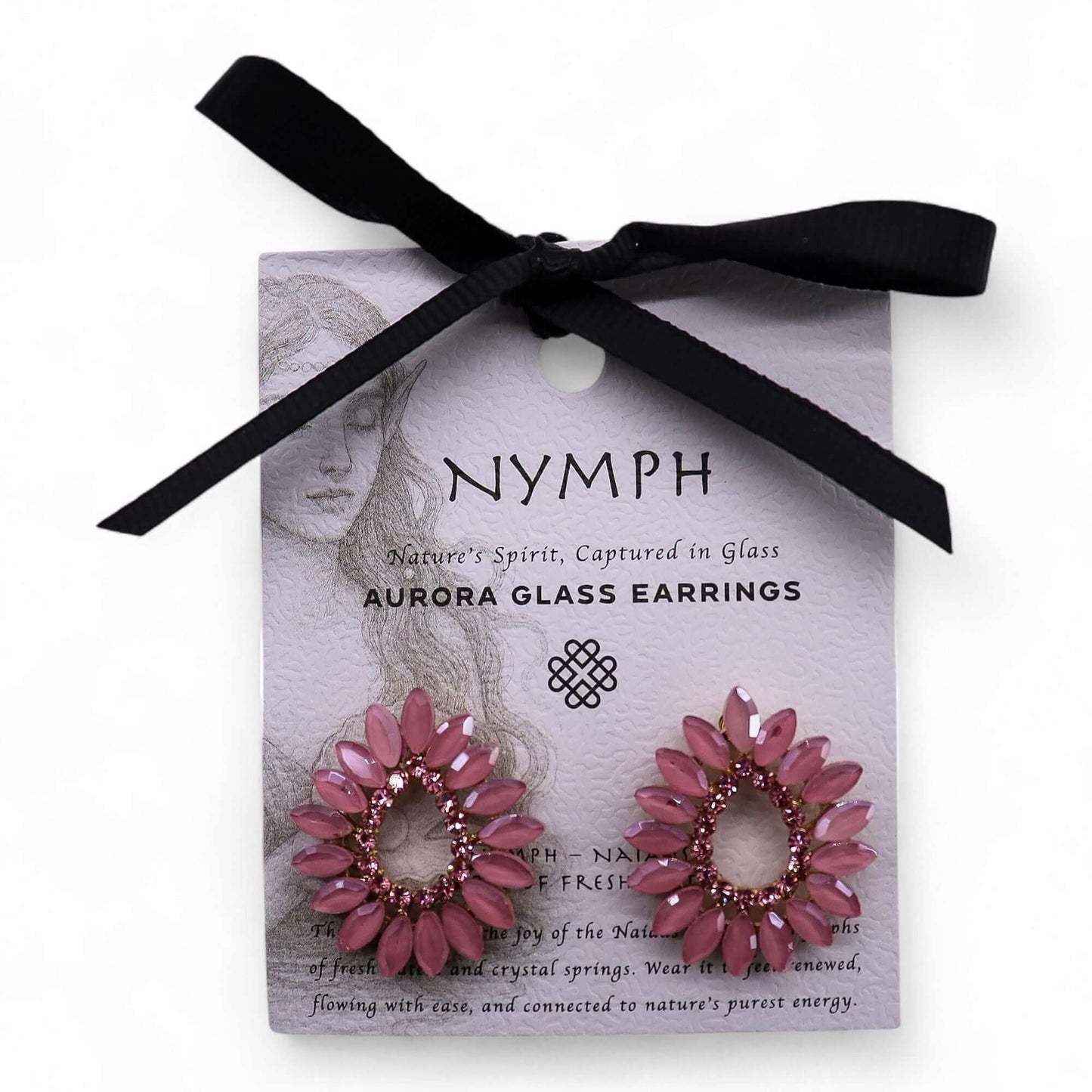 Soft Pink Vintage Glass Loop Earrings Nymph Aurora Glass showcased on a card with a black ribbon.