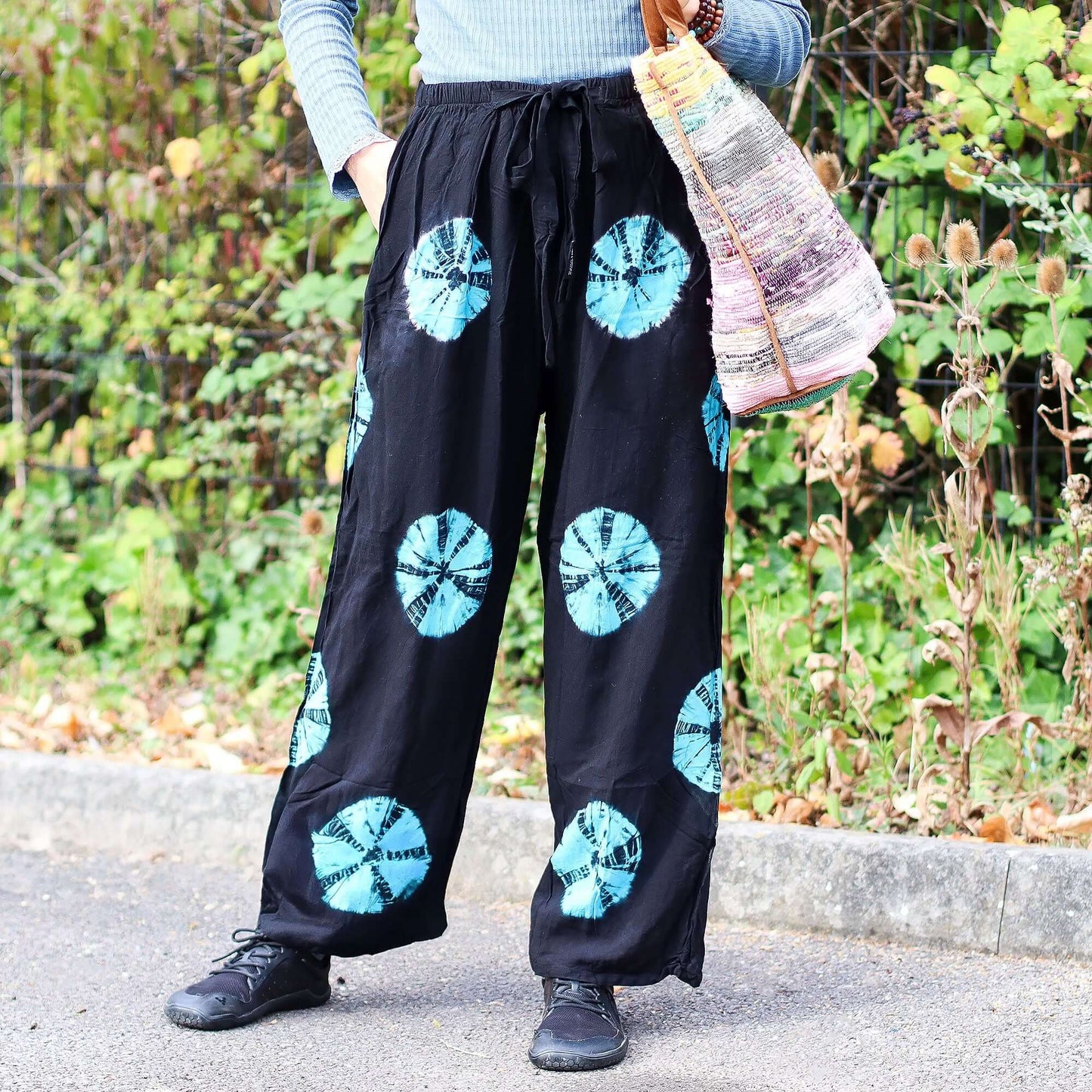 Japanese Style Lounge Pants in black with blue tie-dye circular prints, large size