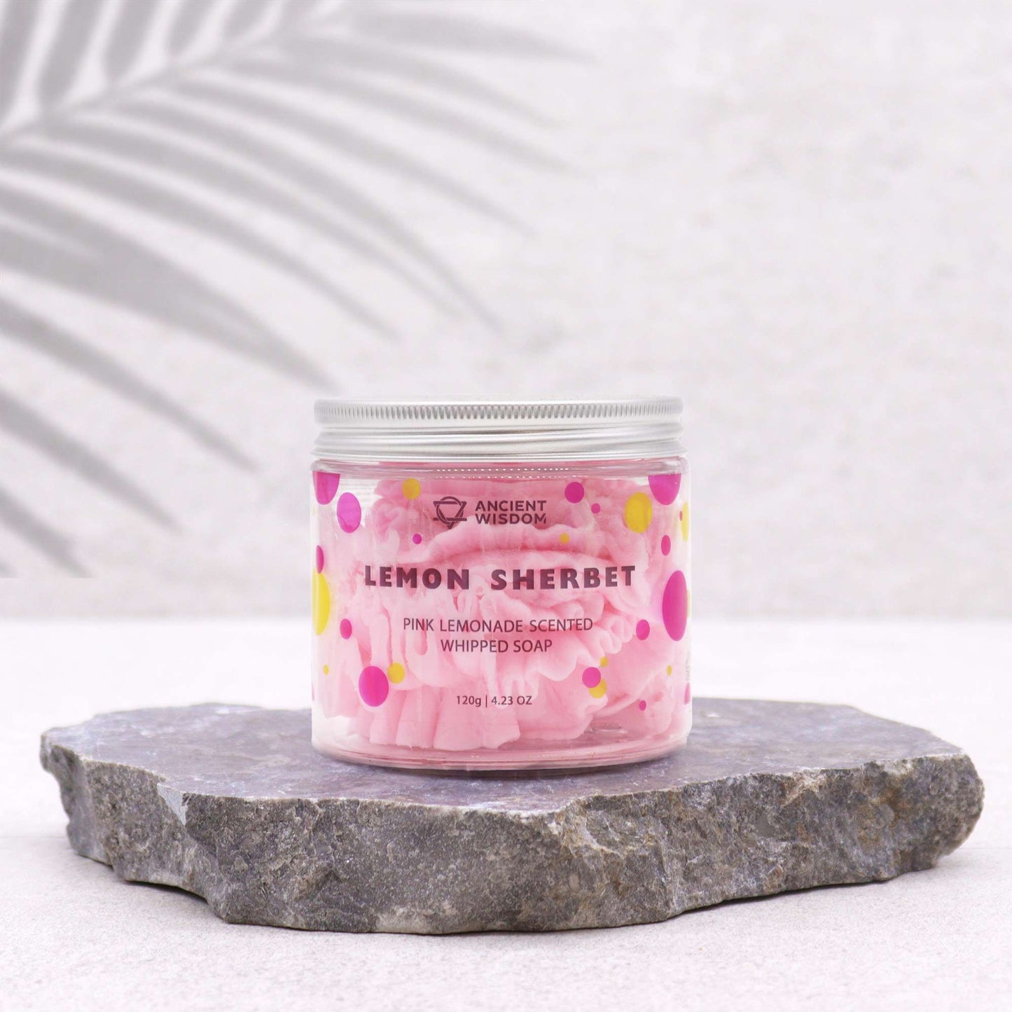 Pink Lemonade Whipped Soap 120g, lemon sherbet scent in pink packaging.