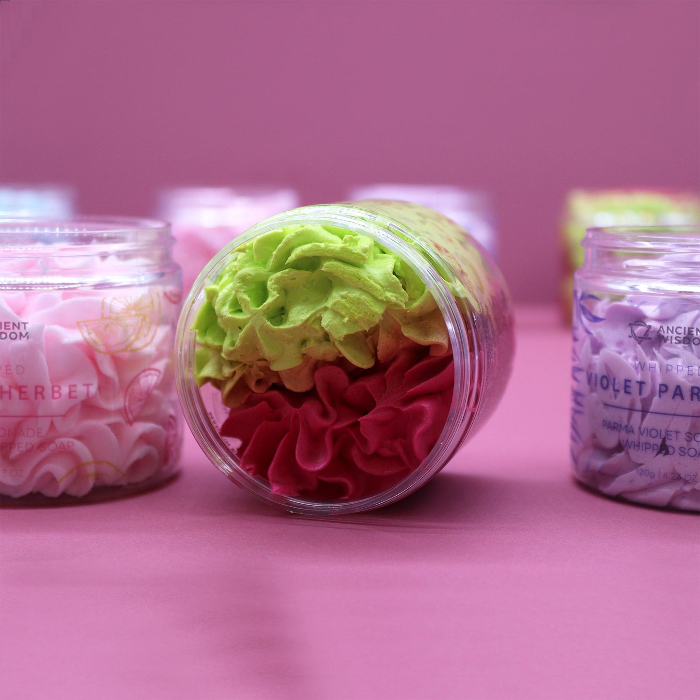 Strawberry & Kiwi Whipped Soap 120g, Fruit Twister collection, pastel jars with fluffy whipped soap.