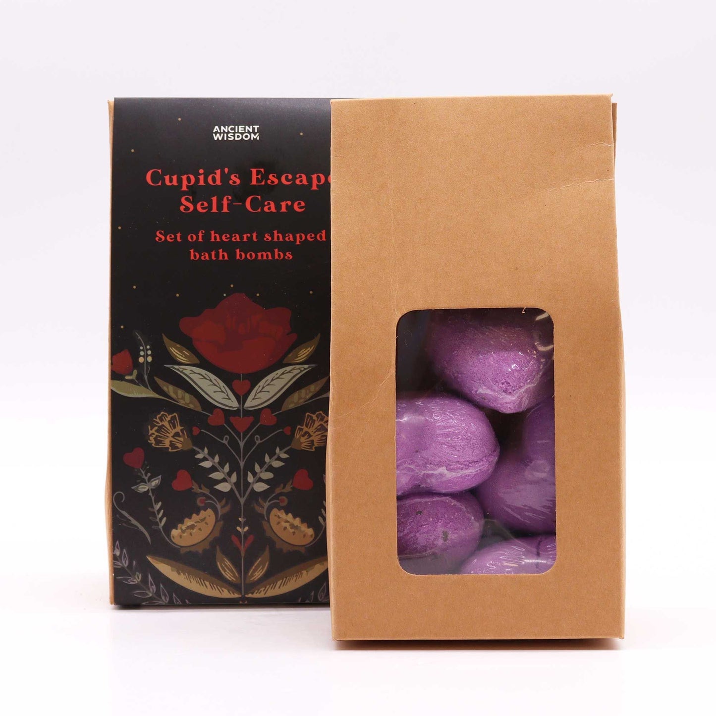 Ancient Wisdom Cupids Escape Self Care Bath Heart Gift Set kraft box with five purple heart bath bombs visible