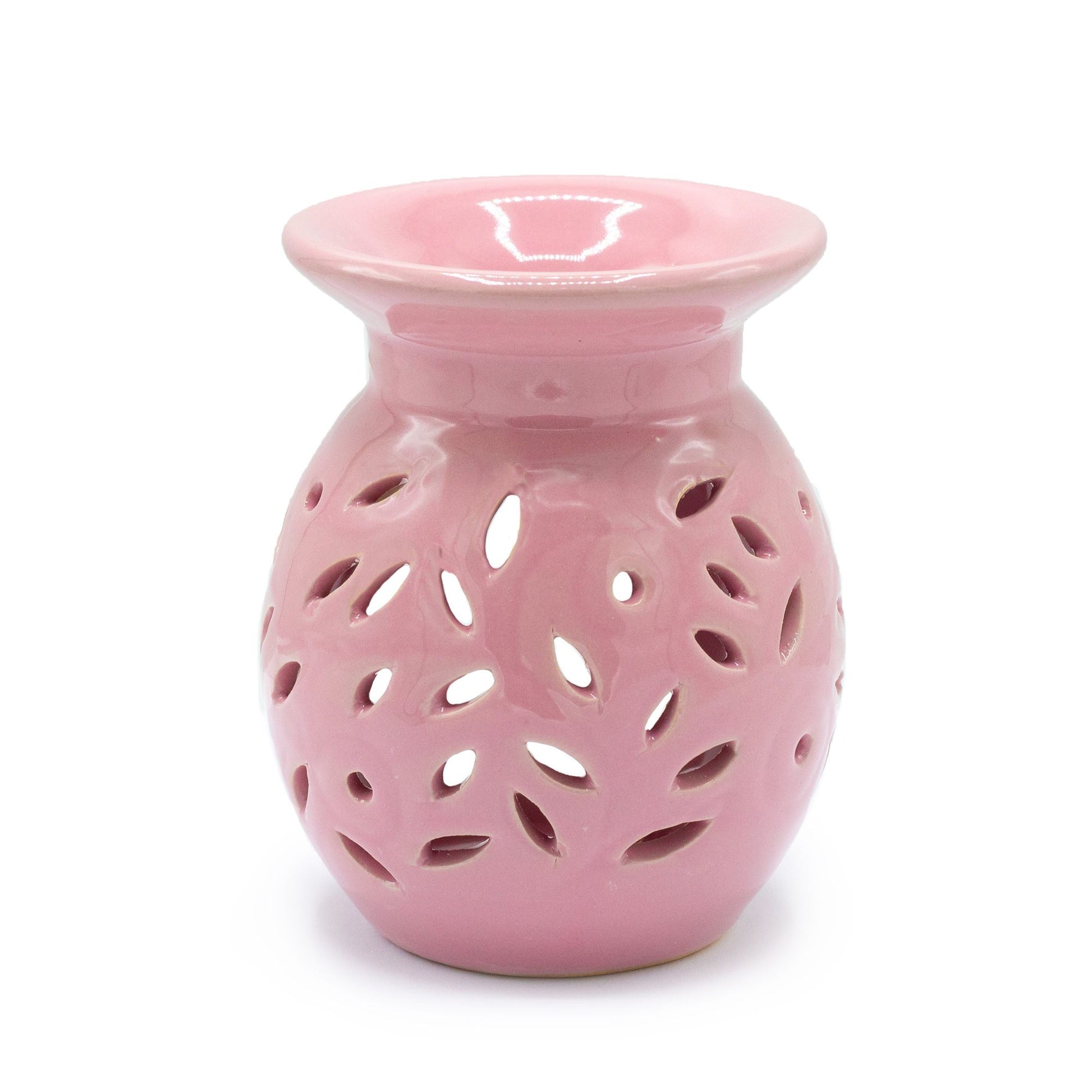Floral Oil Burner - Rose pink ceramic oil burner with leaf-cutout pattern for romantic aromatherapy.