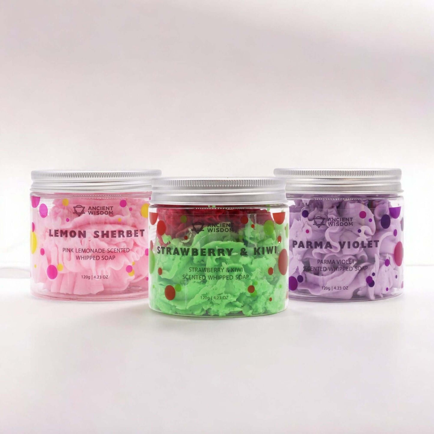 Whipped Soap Set (Top Sellers): trio of scented jars—Lemon Sherbet, Strawberry & Kiwi, Parma Violet—handcrafted.