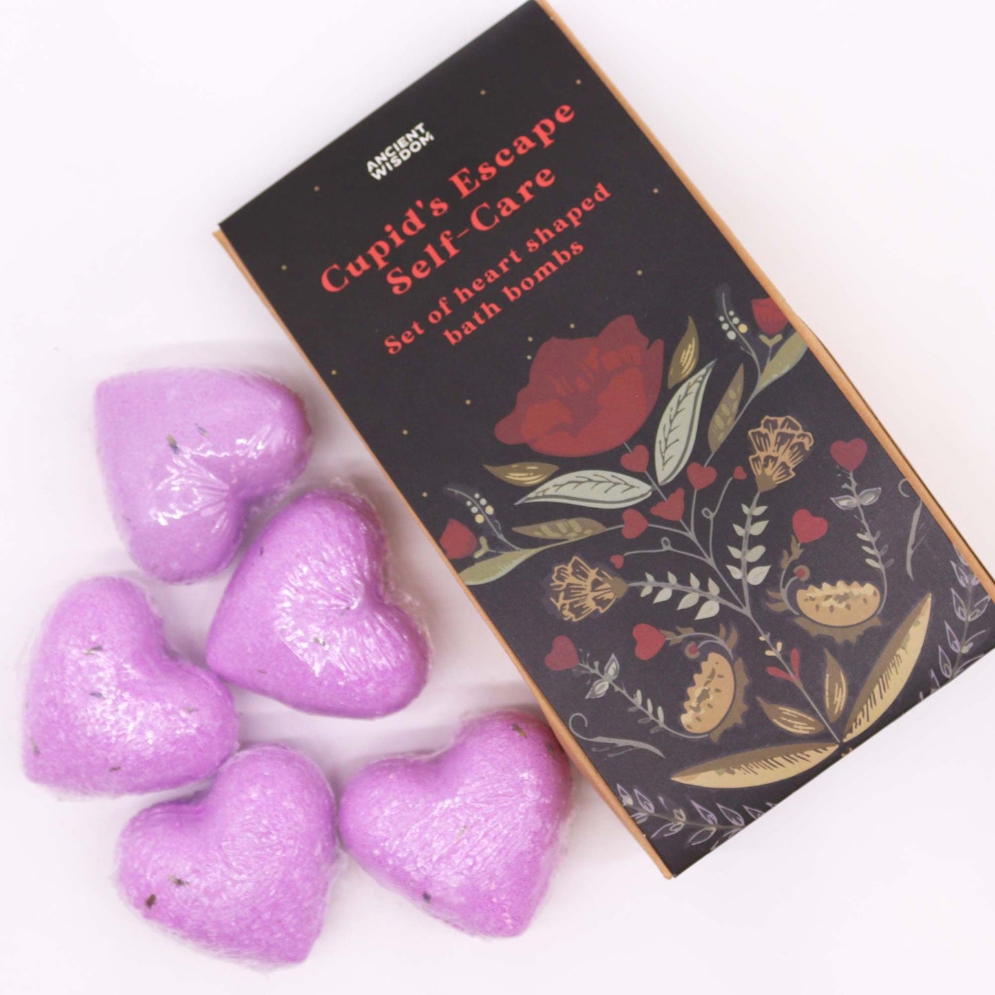 Ancient Wisdom Cupids Escape Self Care Bath Heart Gift Set – 5 French lavender purple heart bath bombs with floral box